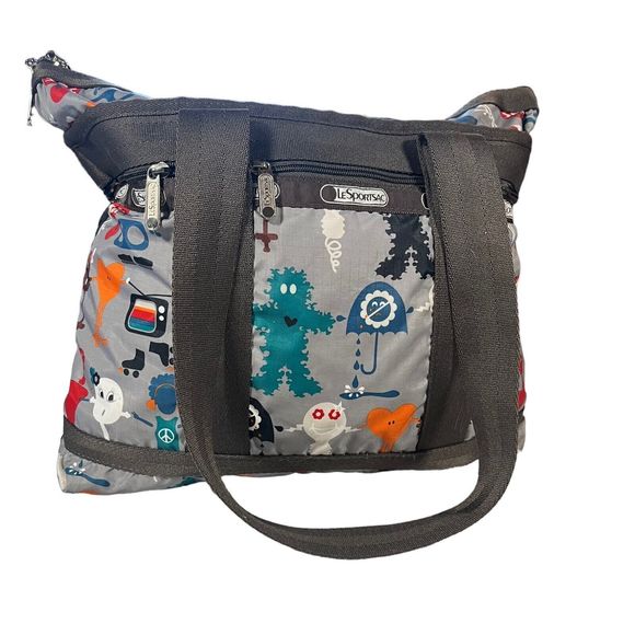 LE SPORTSAC Medium Travel Tote Robot Print 3 Front Pockets Grey/Red/Blue - Picture 3 of 13